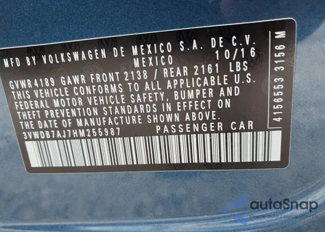 2017 Volkswagen Jetta 1.4T Se из США, поврежденный, VIN 3VWDB7AJ7HM255987